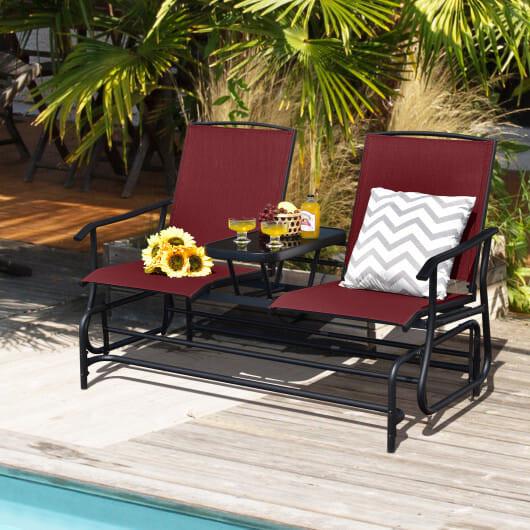 2-Person Double Rocking Loveseat with Mesh Fabric and Center Tempered Glass Table-Red - Color: Red D681-OP70357WN