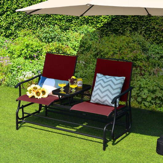 2-Person Double Rocking Loveseat with Mesh Fabric and Center Tempered Glass Table-Red - Color: Red D681-OP70357WN
