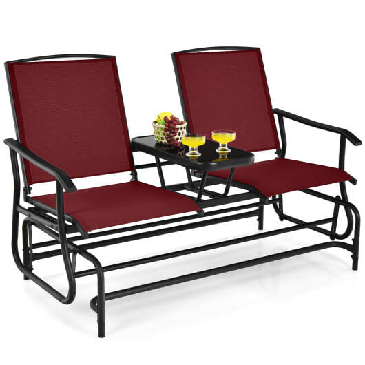 2-Person Double Rocking Loveseat with Mesh Fabric and Center Tempered Glass Table-Red - Color: Red D681-OP70357WN