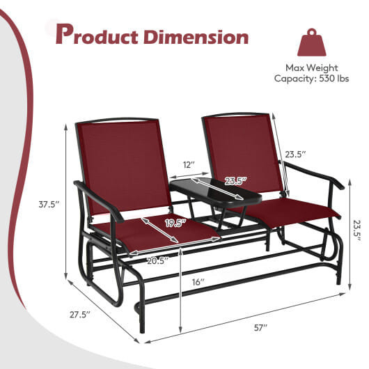 2-Person Double Rocking Loveseat with Mesh Fabric and Center Tempered Glass Table-Red - Color: Red D681-OP70357WN