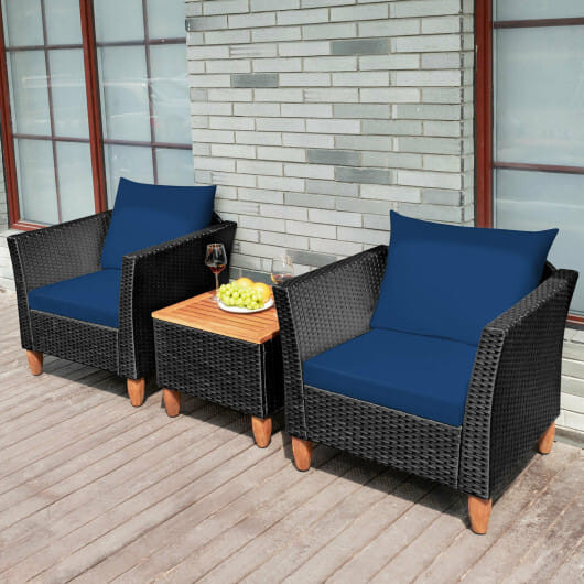 3 Pieces Outdoor Patio Rattan Furniture Set-Navy - Color: Navy D681-HW70614NY