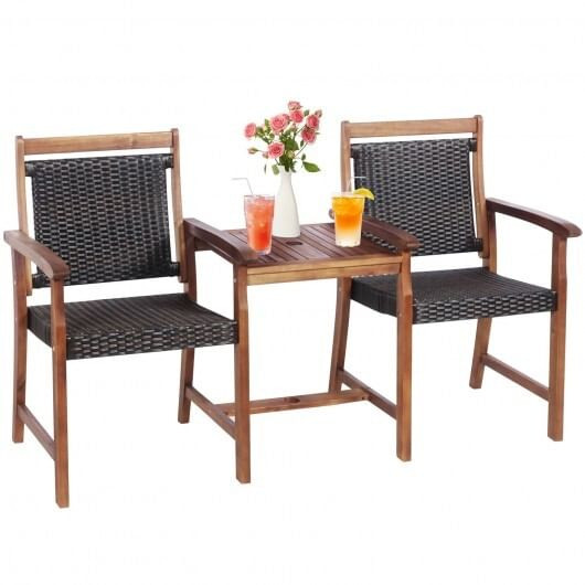 2-Seat Patio Rattan Acacia Wood Chair with Coffee Table - Color: Brown D681-HW67675