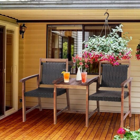 2-Seat Patio Rattan Acacia Wood Chair with Coffee Table - Color: Brown D681-HW67675