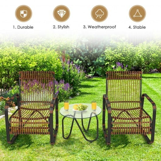 3 Pieces Patio Rattan Furniture Set with 2 Single Wicker Chairs and Glass Side Table - Color: Brown D681-HW64404