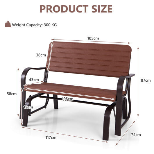 2-Seat Porch Glider with HDPE Back Seat and Steel Frame-Brown - Color: Brown D681-OP2970CF