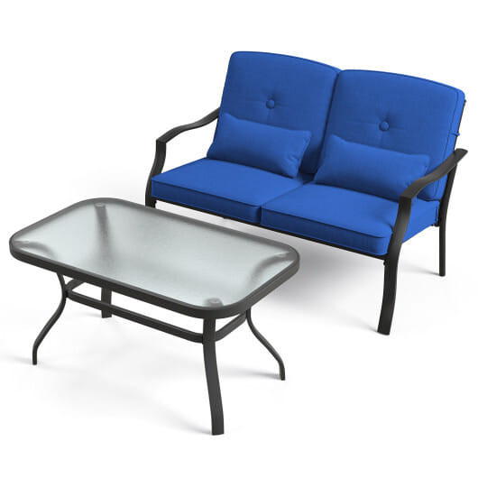 Outdoor Loveseat Chair Set with Coffee Table and Seat Back Cushions-Navy - Color: Navy D681-NP10926NY-12