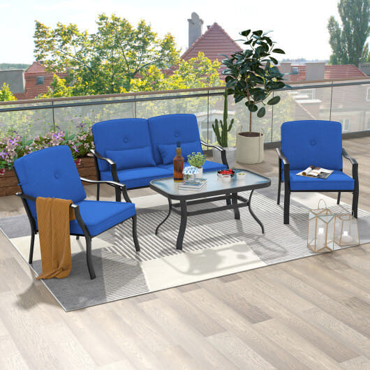 Outdoor Loveseat Chair Set with Coffee Table and Seat Back Cushions-Navy - Color: Navy D681-NP10926NY-12