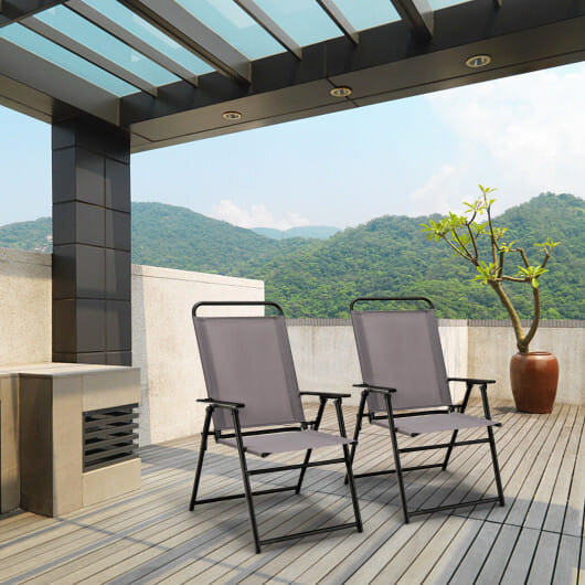 Set of 2 Outdoor Folding Sling Chairs with Armrest and Backrest-Gray - Color: Gray D681-NP11097GR-2