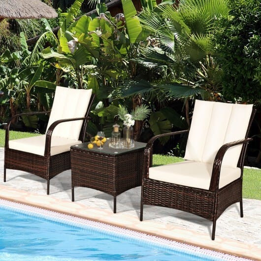 3 Pcs Patio Conversation Rattan Furniture Set with Glass Top Coffee Table and Cushions-White - Colo D681-HW65850WH