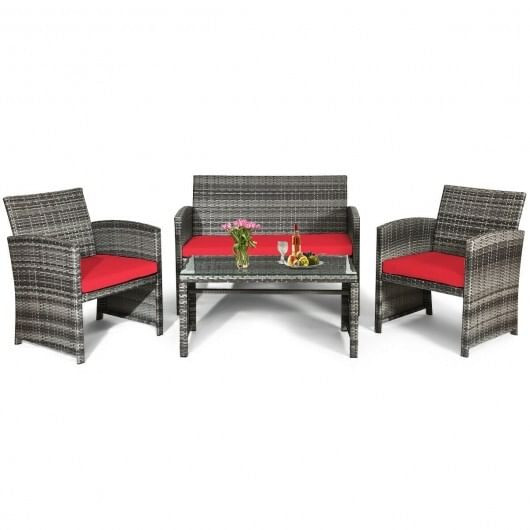 4 Pieces Patio Rattan Furniture Set with Cushions-Red - Color: Red D681-HW63238RE