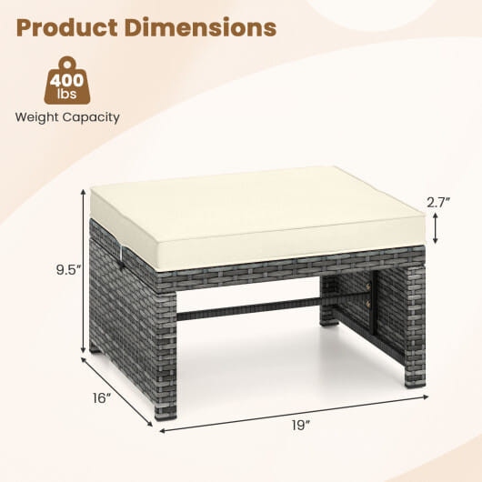 2 Pieces Patio PE Rattan Ottomans with Soft Zippered Cushions for Deck-White - Color: White D681-HW73635WH