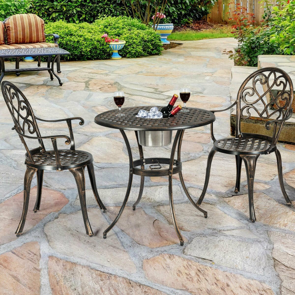 3 Pieces Outdoor Set Patio Bistro with Attached Removable Ice Bucket - Color: Bronze D681-OP3860