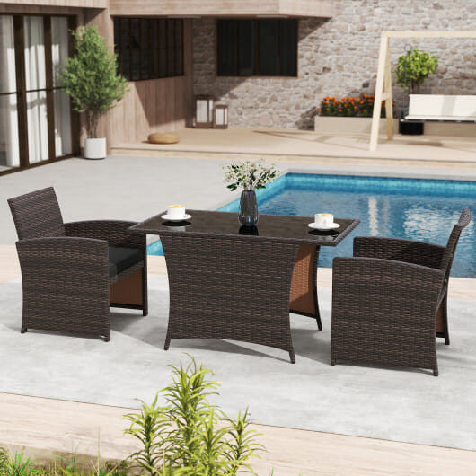 3 Piece Patio Wicker Dining Set with Rectangle Tempered Glass Dining Table-Brown - Color: Brown D681-HW73632DK