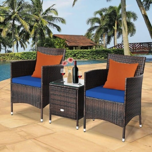 3 Pcs Patio Furniture Set Outdoor Wicker Rattan Set-Navy - Color: Navy D681-HW63850NY