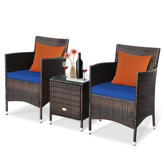 3 Pcs Patio Furniture Set Outdoor Wicker Rattan Set-Navy - Color: Navy D681-HW63850NY