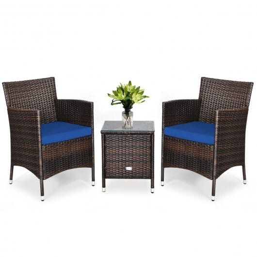 3 Pcs Patio Furniture Set Outdoor Wicker Rattan Set-Navy - Color: Navy D681-HW63850NY