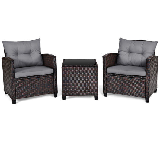 3 Pieces Rattan Patio Furniture Set with Washable Cushion-Gray - Color: Gray D681-HW68667GR