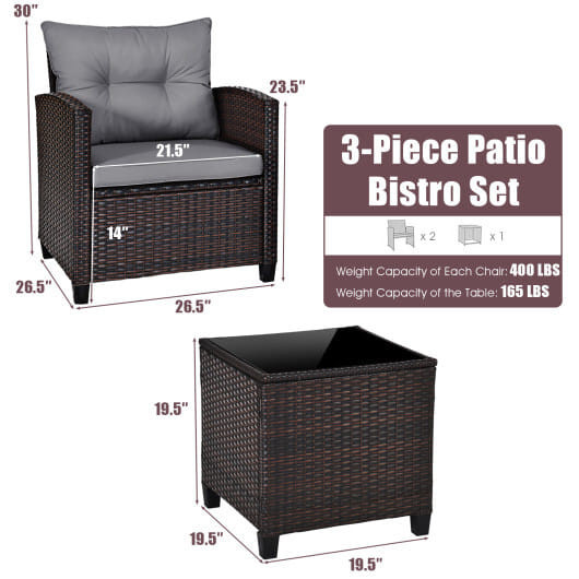 3 Pieces Rattan Patio Furniture Set with Washable Cushion-Gray - Color: Gray D681-HW68667GR