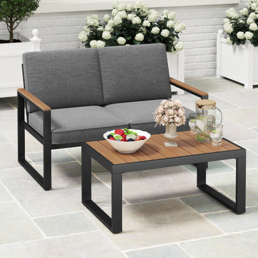 2 Piece Patio Aluminum Furniture Set with Wood-Plastic Armrests and Tabletop-Gray - Color: Gray D681-NP11997GR-A
