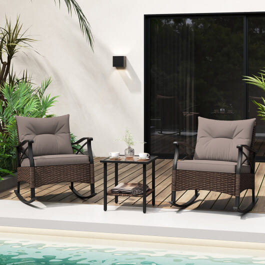 3 Pieces Outdoor Rattan Rocking Chairs Set with  2-Tier Side Table for Garden Backyard-Brown - Colo D681-NP11577BN