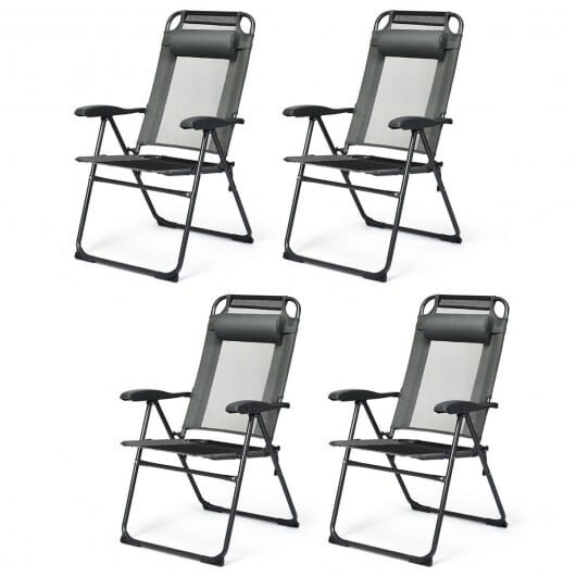 4 Pieces Patio Garden Adjustable Reclining Folding Chairs with Headrest-Gray - Color: Gray D681-OP70270GR-4