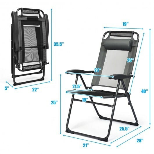 4 Pieces Patio Garden Adjustable Reclining Folding Chairs with Headrest-Gray - Color: Gray D681-OP70270GR-4