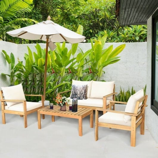 4 Pieces Patio Acacia Wood Thick Cushion Loveseat Sofa Set-White - Color: White D681-HW64146WH+