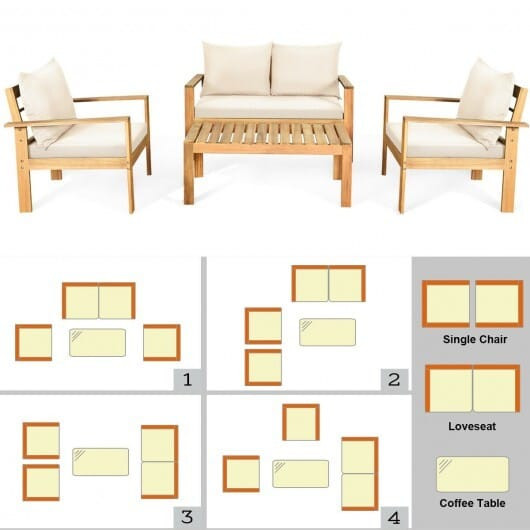 4 Pieces Patio Acacia Wood Thick Cushion Loveseat Sofa Set-White - Color: White D681-HW64146WH+