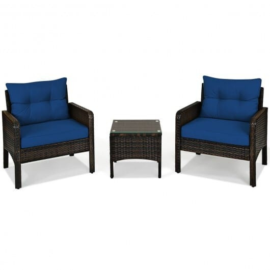 3 Pieces Outdoor Patio Rattan Conversation Set with Seat Cushions-Navy - Color: Navy D681-HW68639NY