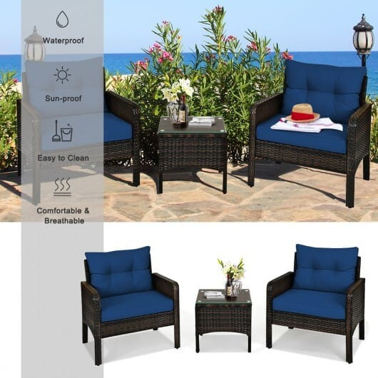 3 Pieces Outdoor Patio Rattan Conversation Set with Seat Cushions-Navy - Color: Navy D681-HW68639NY