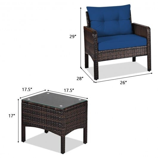 3 Pieces Outdoor Patio Rattan Conversation Set with Seat Cushions-Navy - Color: Navy D681-HW68639NY