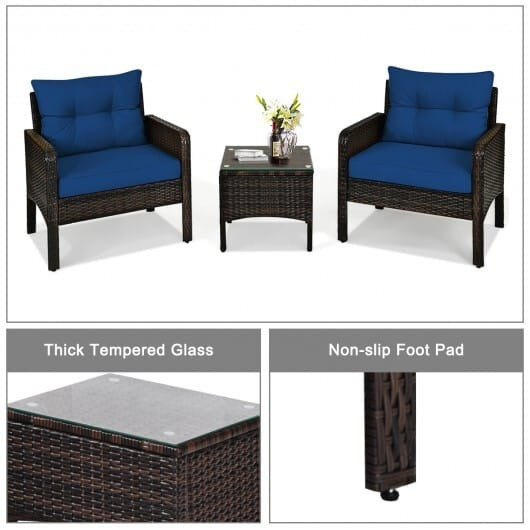3 Pieces Outdoor Patio Rattan Conversation Set with Seat Cushions-Navy - Color: Navy D681-HW68639NY