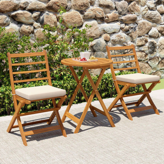3 Pieces Acacia Wood Patio Bistro Set with Cushions-White - Color: White D681-HW72586WH