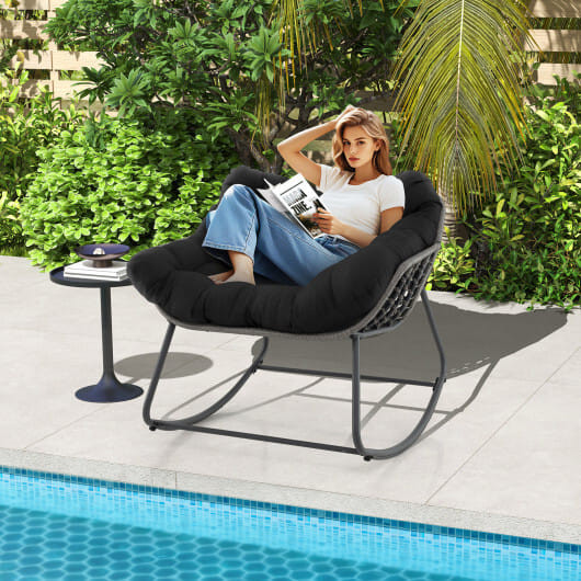 Outdoor Rocking Chair Oversized Patio PE Wicker Egg Chair with Cushion-Black - Color: Black D681-NP11980BK