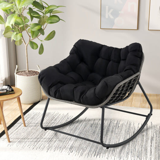 Outdoor Rocking Chair Oversized Patio PE Wicker Egg Chair with Cushion-Black - Color: Black D681-NP11980BK