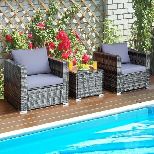 3 Pcs Patio Rattan Furniture Bistro Sofa Set with Cushioned-Gray - Color: Gray D681-HW66530GR+