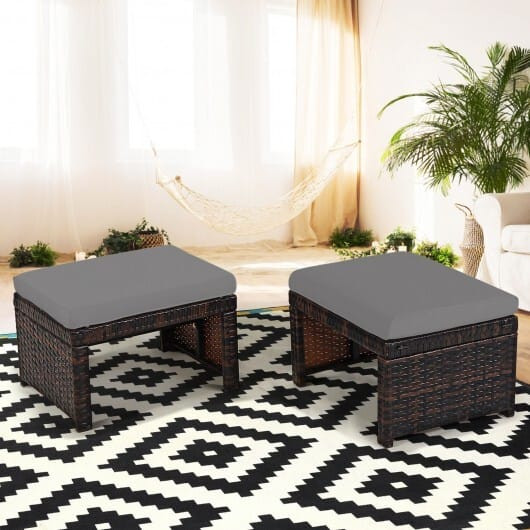 2 Pieces Patio Rattan Ottomans with Soft Cushion for Patio and Garden-Gray - Color: Gray D681-HW67814GR