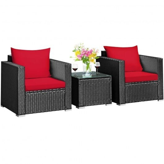 3 Pieces Patio Wicker Conversation Set? with Cushion-Red - Color: Red D681-HW66529RE+