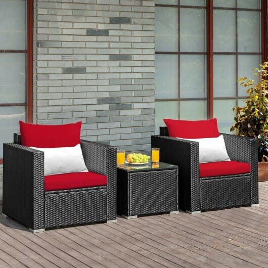 3 Pieces Patio Wicker Conversation Set? with Cushion-Red - Color: Red D681-HW66529RE+