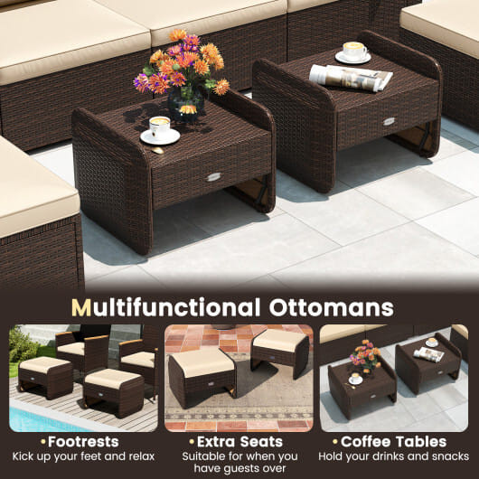 2 Pieces Outdoor Patio PE Wicker Ottomans with Removable Cushions-Brown - Color: Brown D681-HW72988BN
