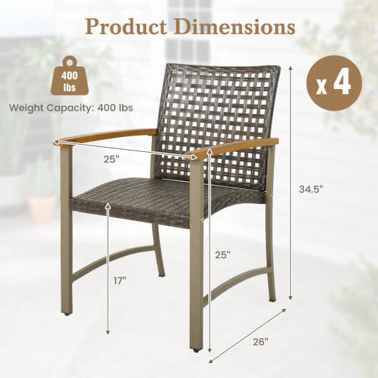 Set of 4 Patio Rattan Dining Chairs with Acacia Wood Armrests-Set of 4 - Color: Gray D681-HW71250-4