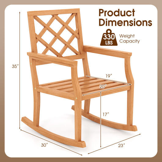 Teak Wood Rocking Chair Oversized Porch Rocker with Backrest and Slatted Seat - Color: Brown D681-JV11958