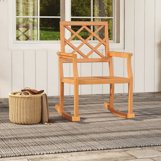 Teak Wood Rocking Chair Oversized Porch Rocker with Backrest and Slatted Seat - Color: Brown D681-JV11958