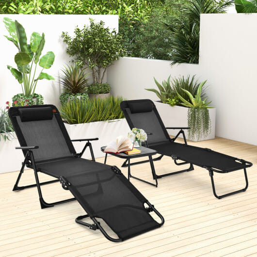 3 Pieces Patio Folding Chaise Lounge Set with PVC Tabletop-Black - Color: Black D681-NP11158DK