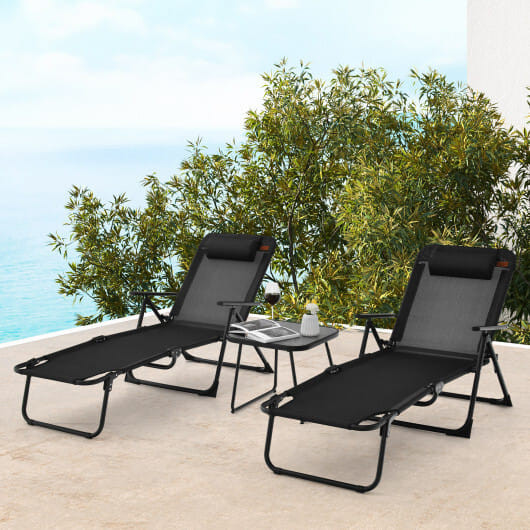 3 Pieces Patio Folding Chaise Lounge Set with PVC Tabletop-Black - Color: Black D681-NP11158DK