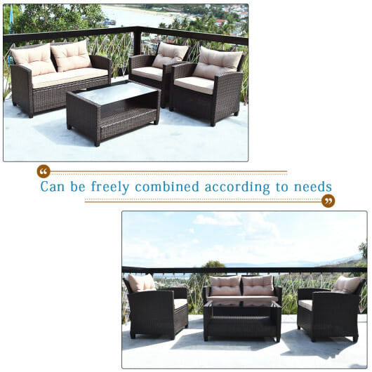 4 Pieces Outdoor Rattan Armrest Furniture Set Table with Lower Shelf-Beige - Color: Beige D681-HW68659BBN+