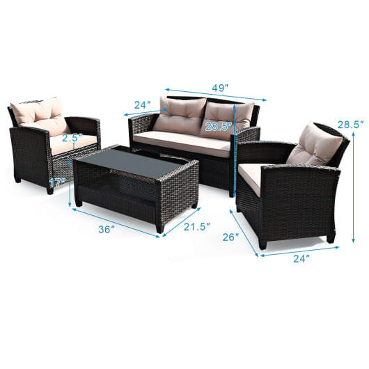 4 Pieces Outdoor Rattan Armrest Furniture Set Table with Lower Shelf-Beige - Color: Beige D681-HW68659BBN+