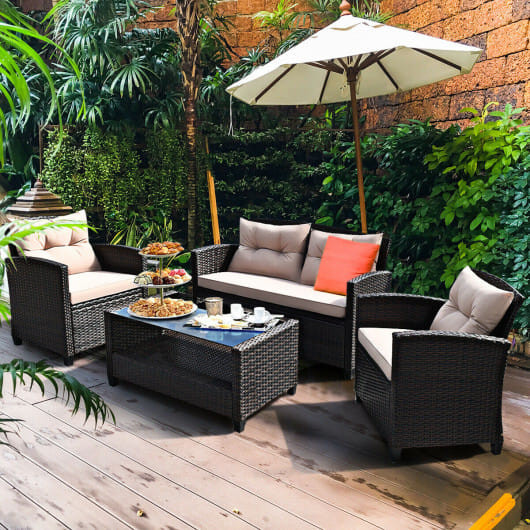 4 Pieces Outdoor Rattan Armrest Furniture Set Table with Lower Shelf-Beige - Color: Beige D681-HW68659BBN+
