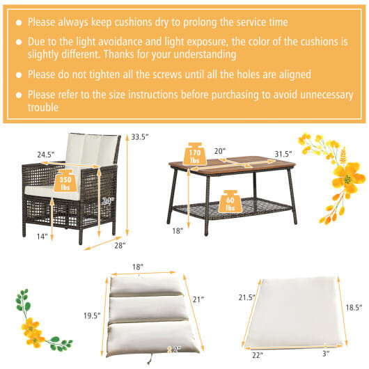 5 Pieces Patio Rattan Furniture Set Cushioned Sofa Armrest Wooden Tabletop-Off White - Color: Off W D681-HW70243WH+