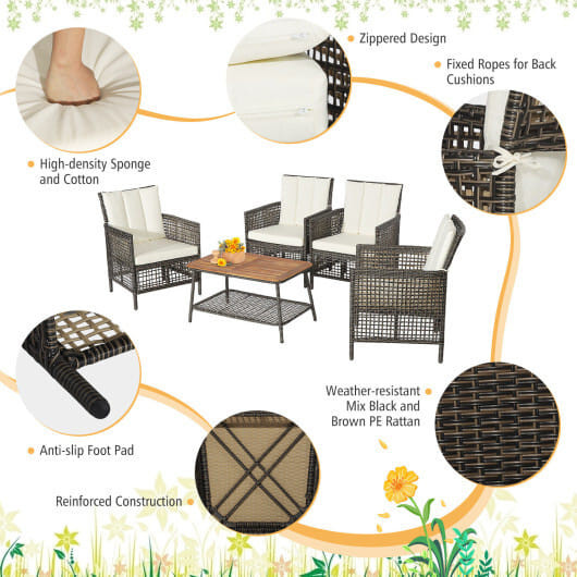 5 Pieces Patio Rattan Furniture Set Cushioned Sofa Armrest Wooden Tabletop-Off White - Color: Off W D681-HW70243WH+